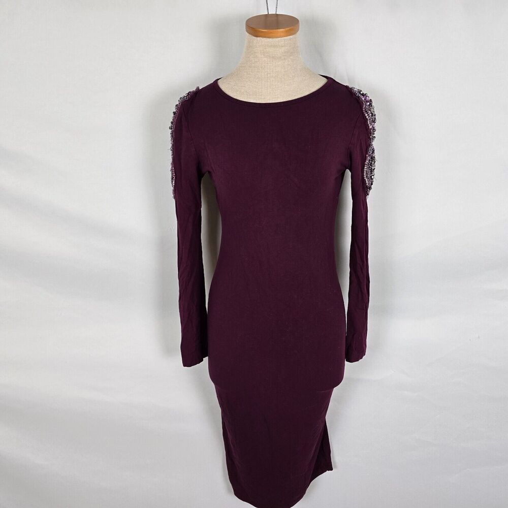 Asos Bodycon Dress Women's 4 Purple Midi Long Sleeve Beaded Floral Design